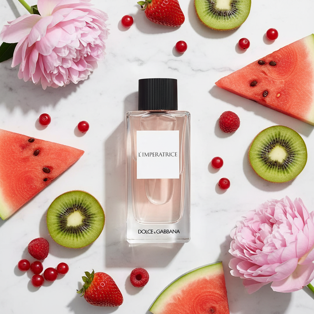 Dolce & Gabbana L'Impératrice with watermelon kiwi and berries on marble