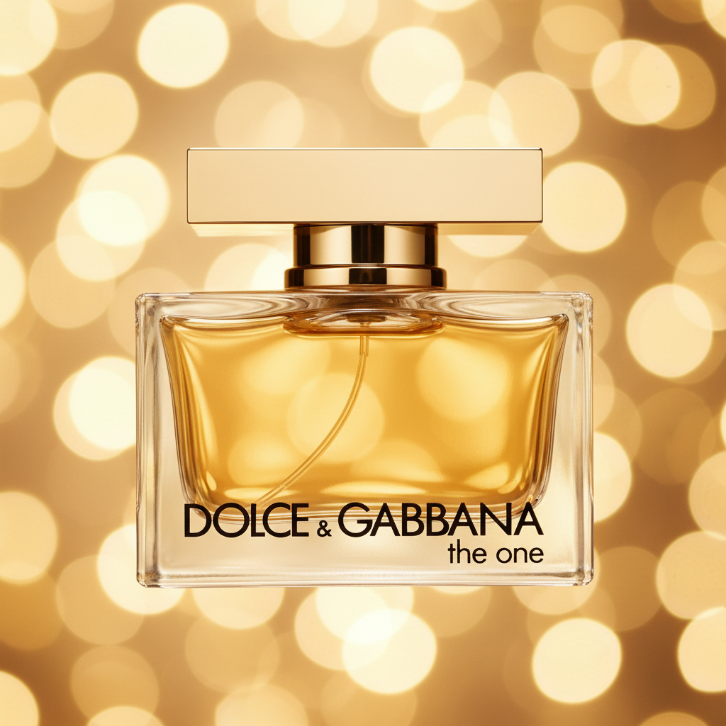 Close-up of Dolce & Gabbana The One for Women golden liquid and flat gold cap