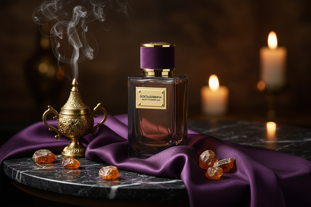 Dolce & Gabbana Velvet Passion Oud on black marble with purple silk and gold incense burner