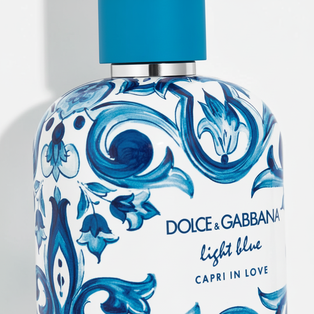 Close-up of Dolce & Gabbana Light Blue Capri in Love Sicilian majolica pattern and teal cap