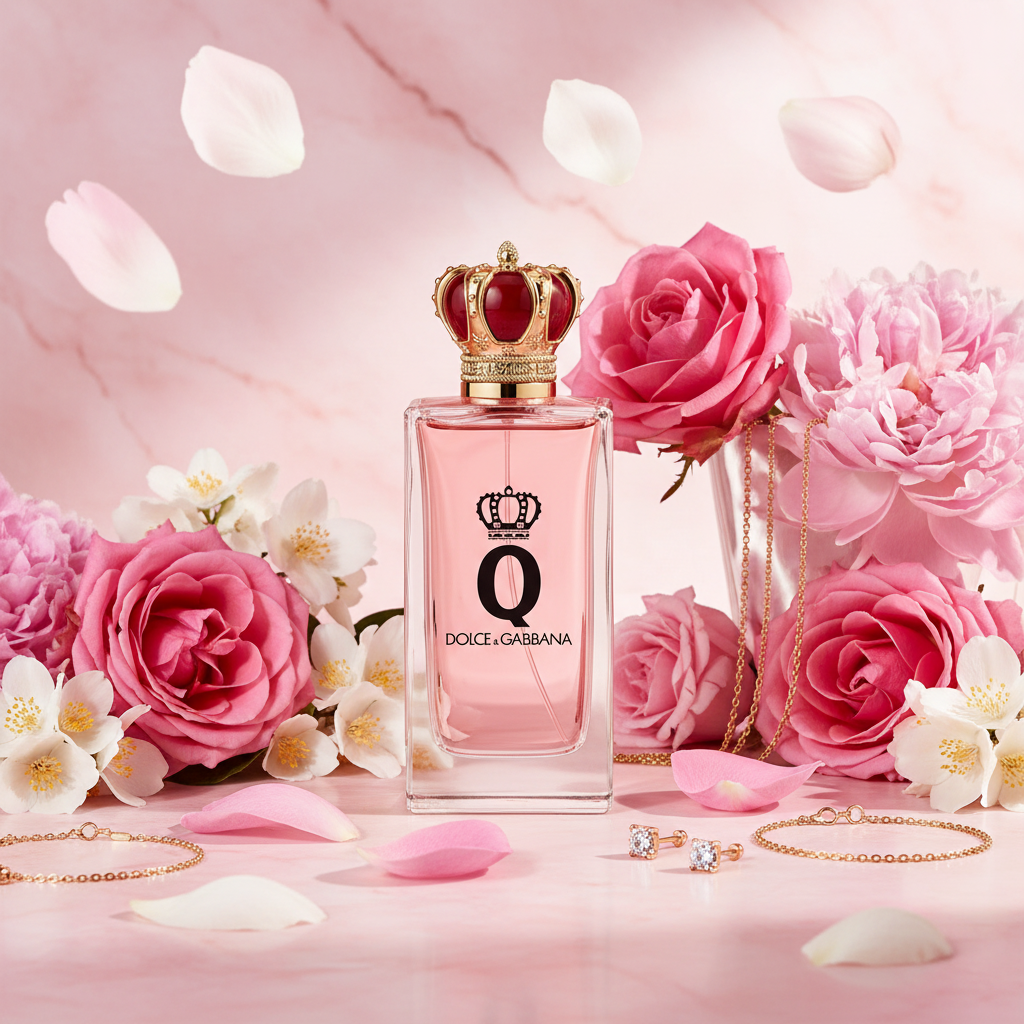 Q by Dolce & Gabbana Intense with pink roses and peonies on marble