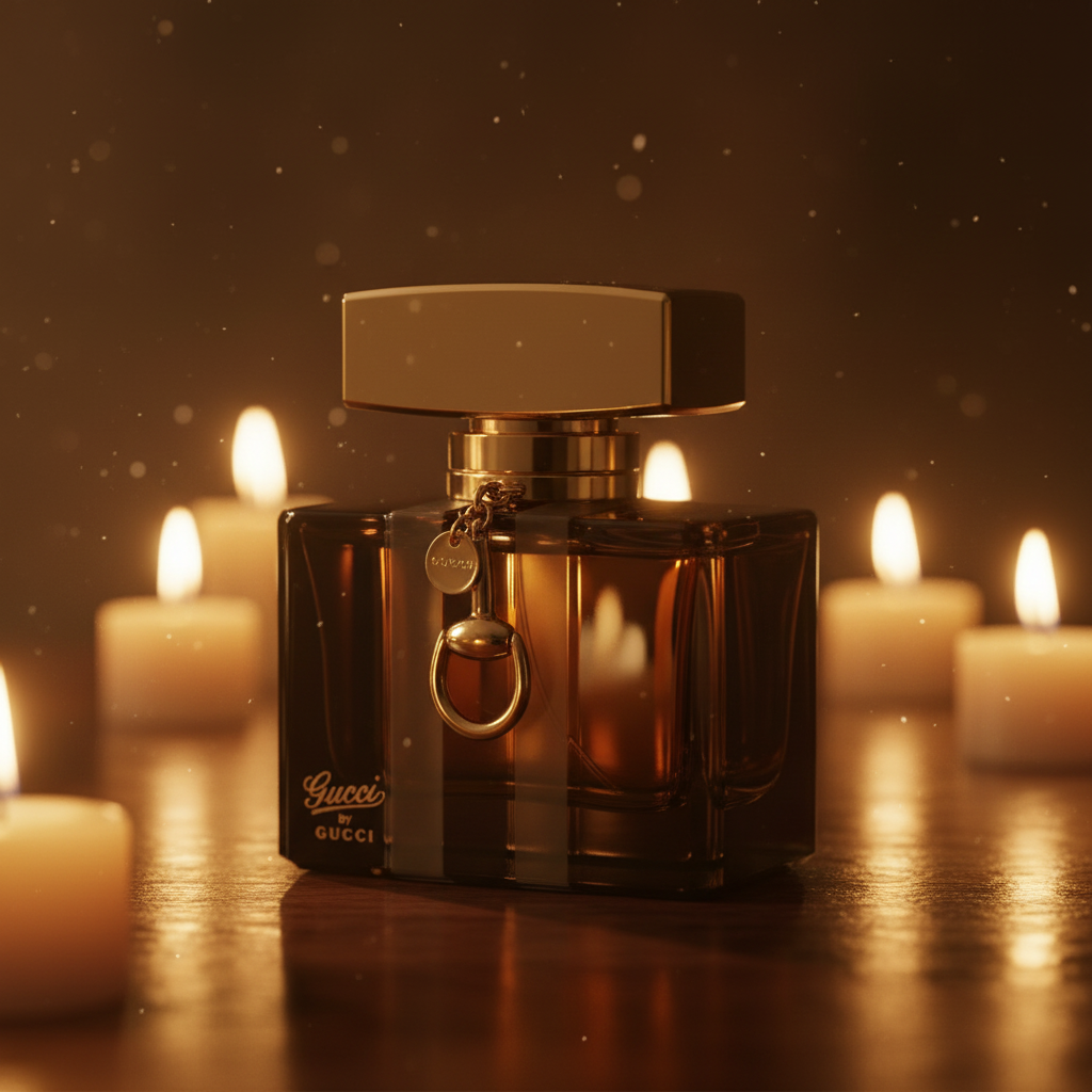 Gucci by Gucci on dark wood with candlelight