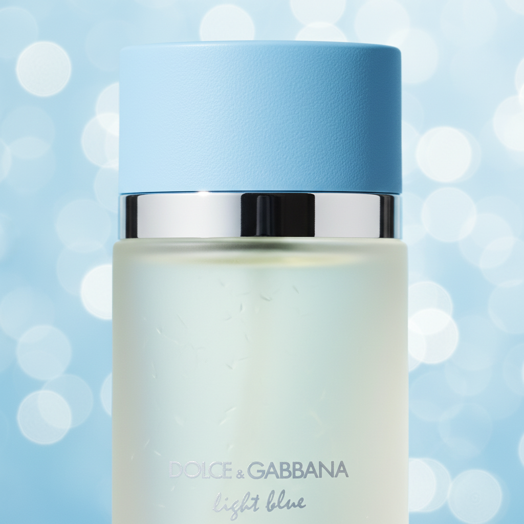 Close-up of Dolce & Gabbana Light Blue frosted glass and blue cap