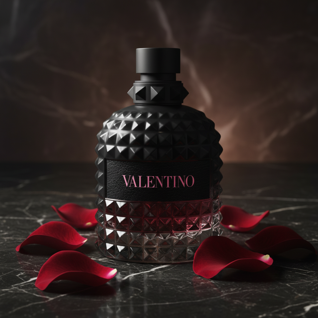 Valentino Born in Roma Uomo Intense on black marble with rose petals