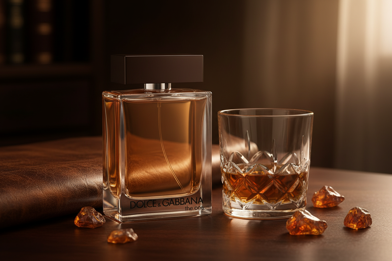 Dolce & Gabbana The One for Men on mahogany with leather and whiskey glass