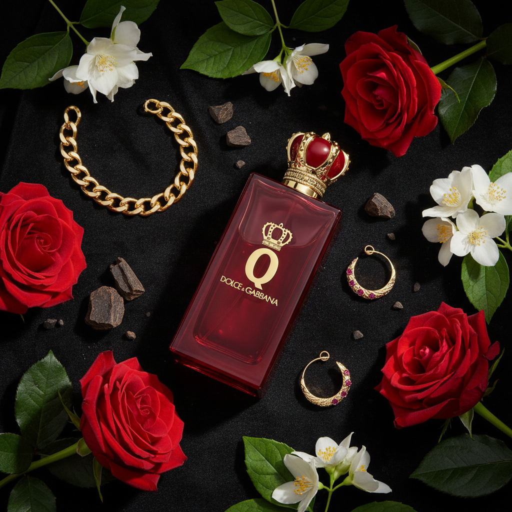 Q by Dolce & Gabbana with red roses and jasmine on dark velvet
