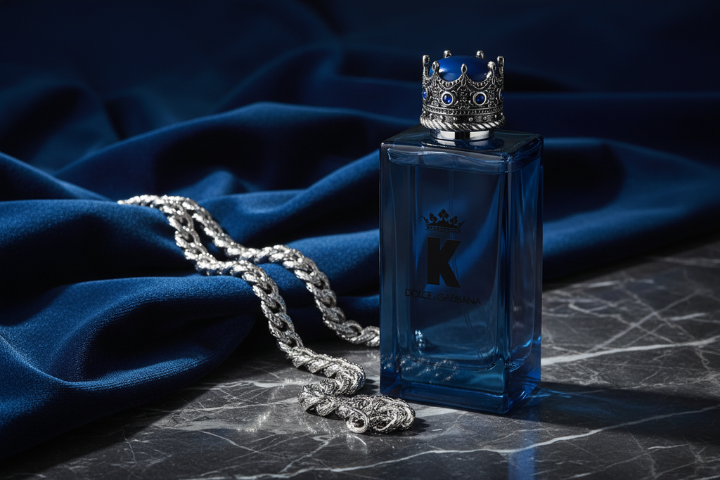 K by Dolce & Gabbana on dark marble with blue velvet