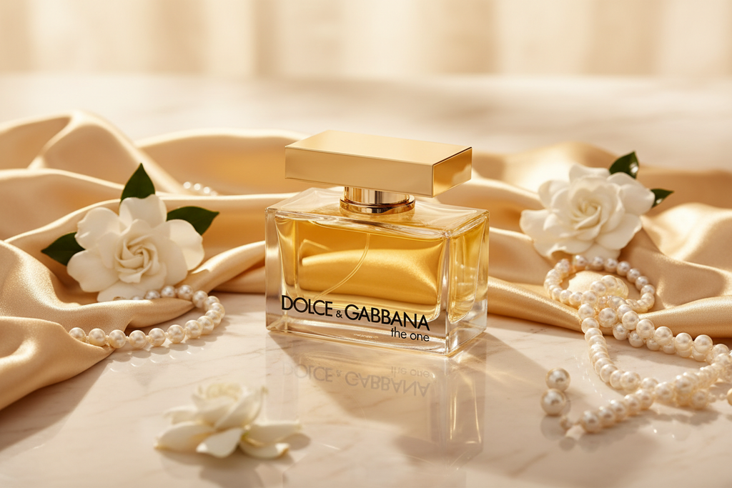 Dolce & Gabbana The One for Women on cream marble with gold silk and pearl jewelry