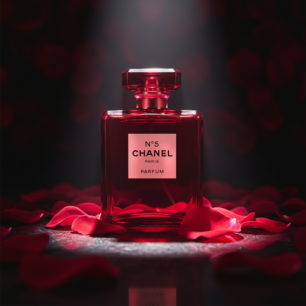 Chanel No.5 Red Edition with dark background and red roses