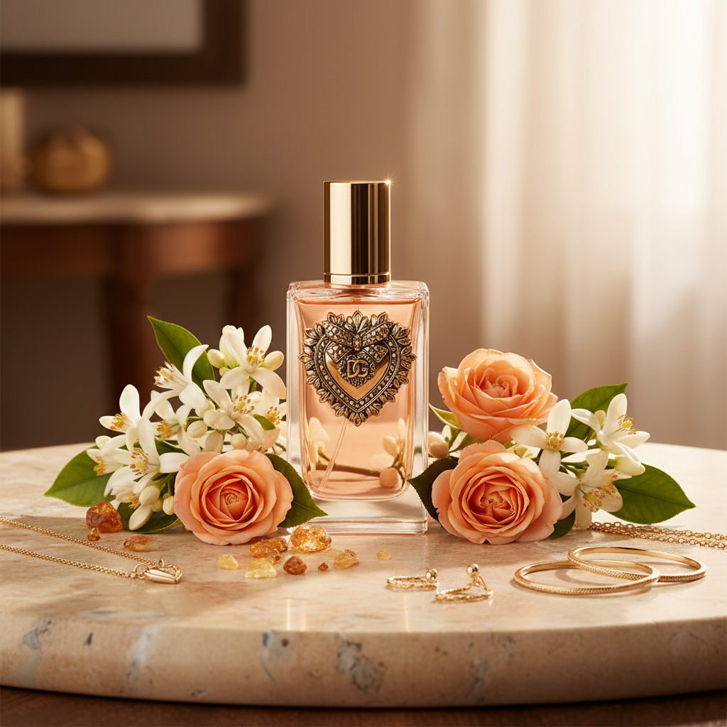 Dolce & Gabbana Devotion Intense with orange blossom and peach roses on marble