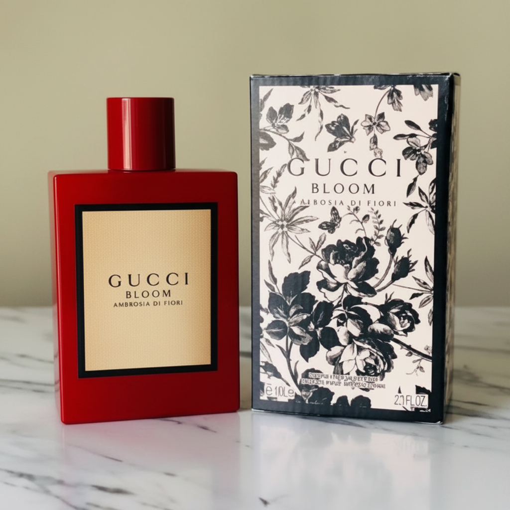 Gucci Bloom Ambrosia di Fiori on white marble