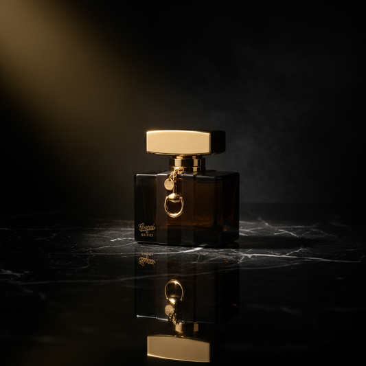 Gucci by Gucci on black marble with gold spotlight