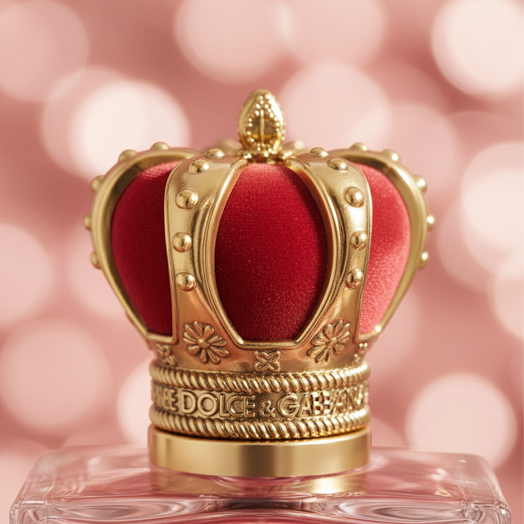 Close-up of Q by Dolce & Gabbana Intense gold crown cap with red velvet dome