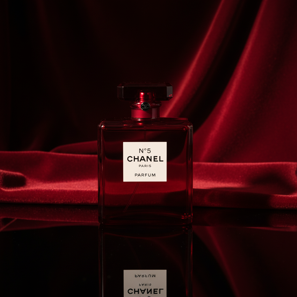 Chanel No.5 Red Edition on black surface with red velvet