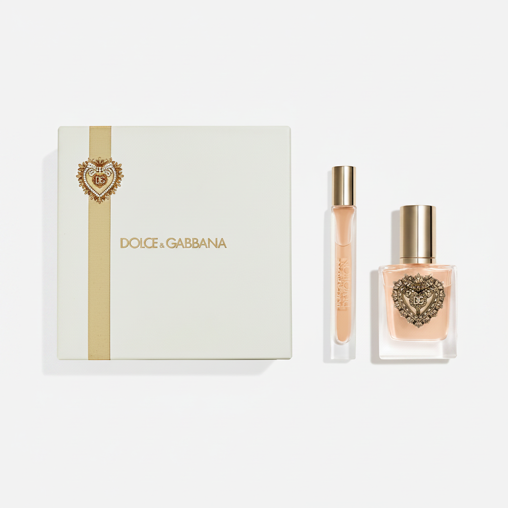 Dolce & Gabbana Devotion Gift Set flat lay on white background
