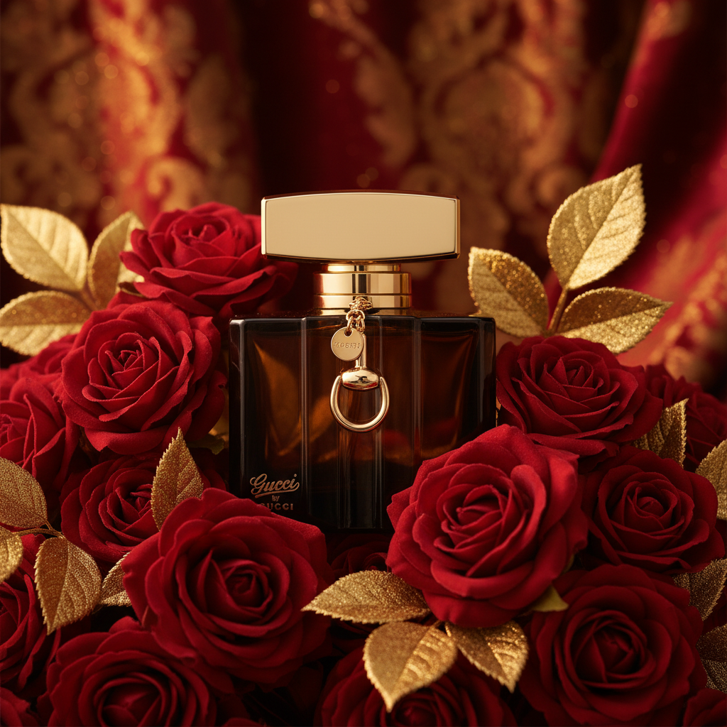 Gucci by Gucci with dark red roses and golden leaves