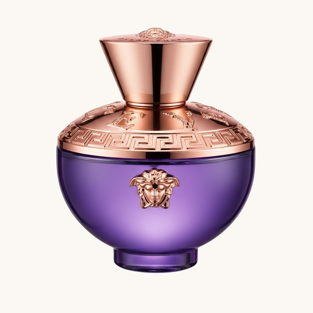 Luxours Dylan Purple Eau de Parfum 100ml bottle with purple glass and rose-gold Medusa emblem.